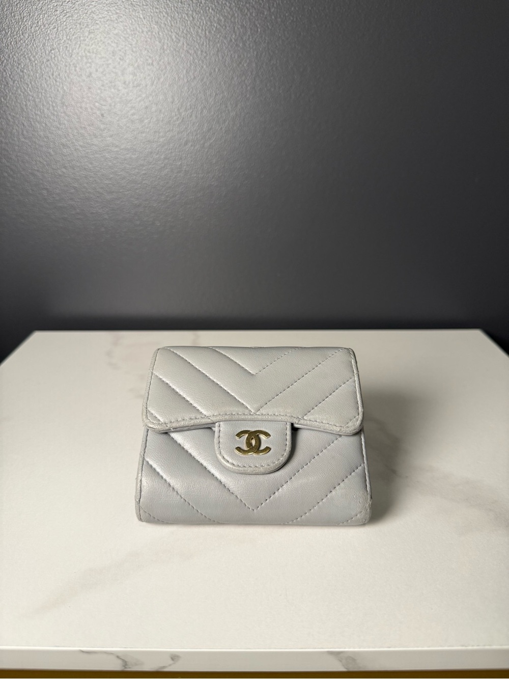 CHANEL Chevron Quilted Mini Flap Wallet - Light Gray with Gold CC